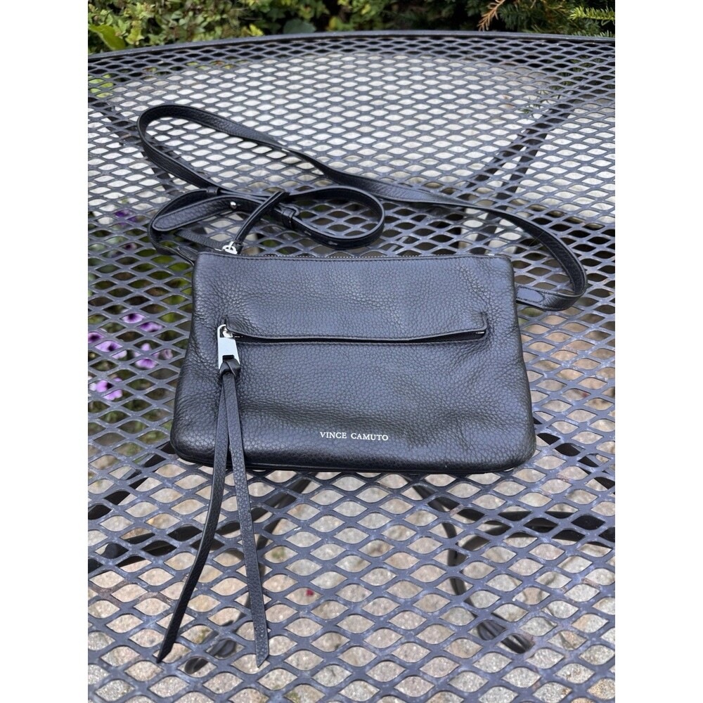 Vince Camuto Gally Black Pebble Leather Triple Zip Crossbody Bag Purse...
